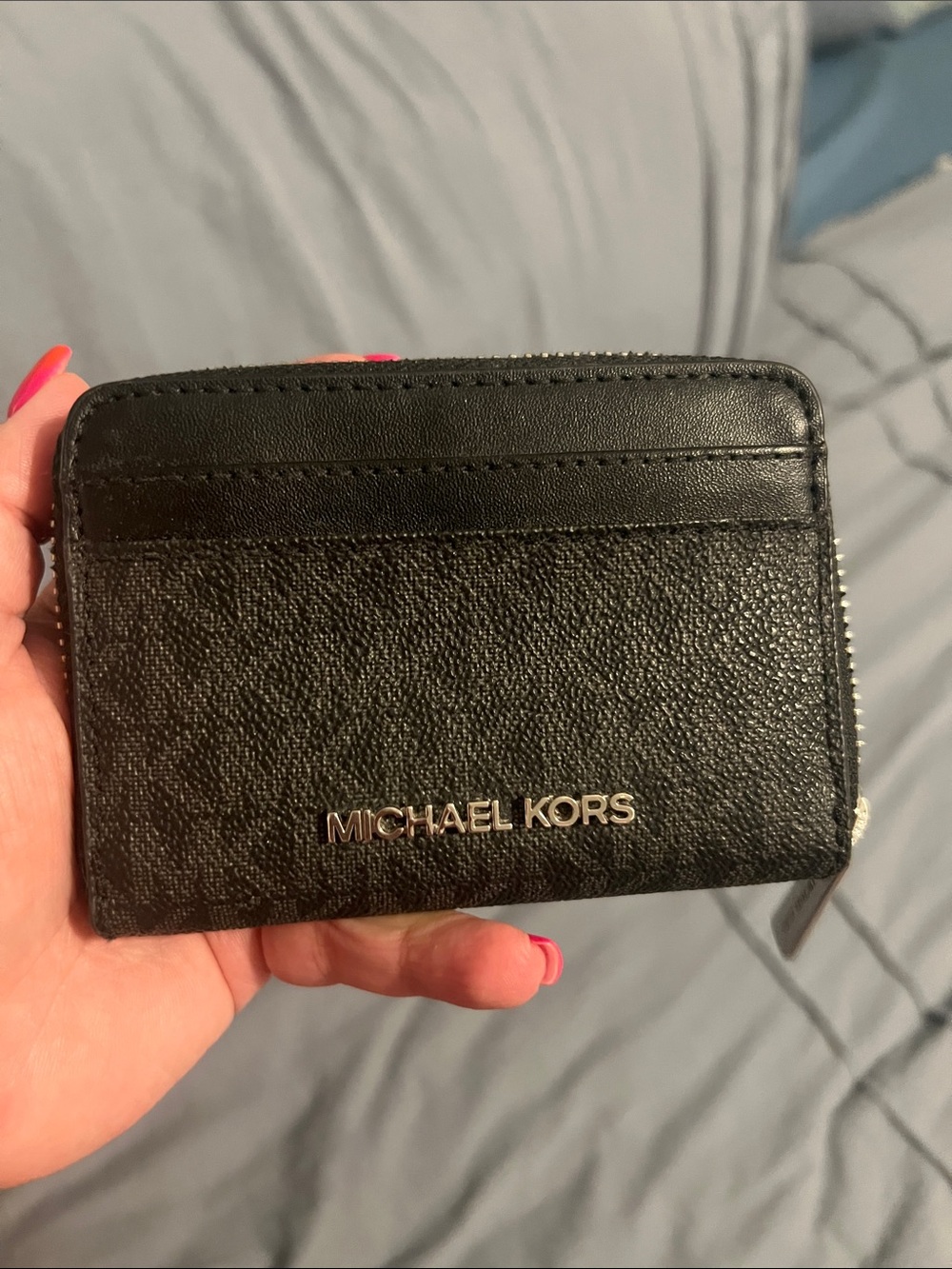 Michael Kors Black Leather Zip Card Holder with Silver Logo